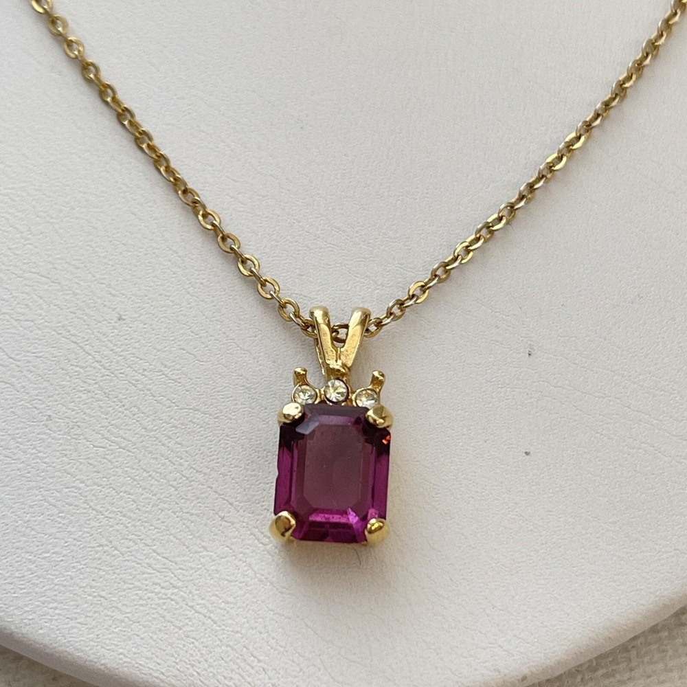 Vintage Faux Amethyst Emerald Cut Rhinestone Gold Tone Chain Necklace 18" Dainty